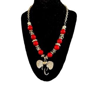 Elephant JULES Necklace with Rhinestones, Red Beads and Silver Spacer Beads